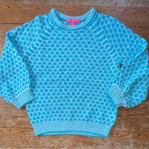 Lilly Pulitzer Corabelle sweater in a turquoise and white honeycomb pattern